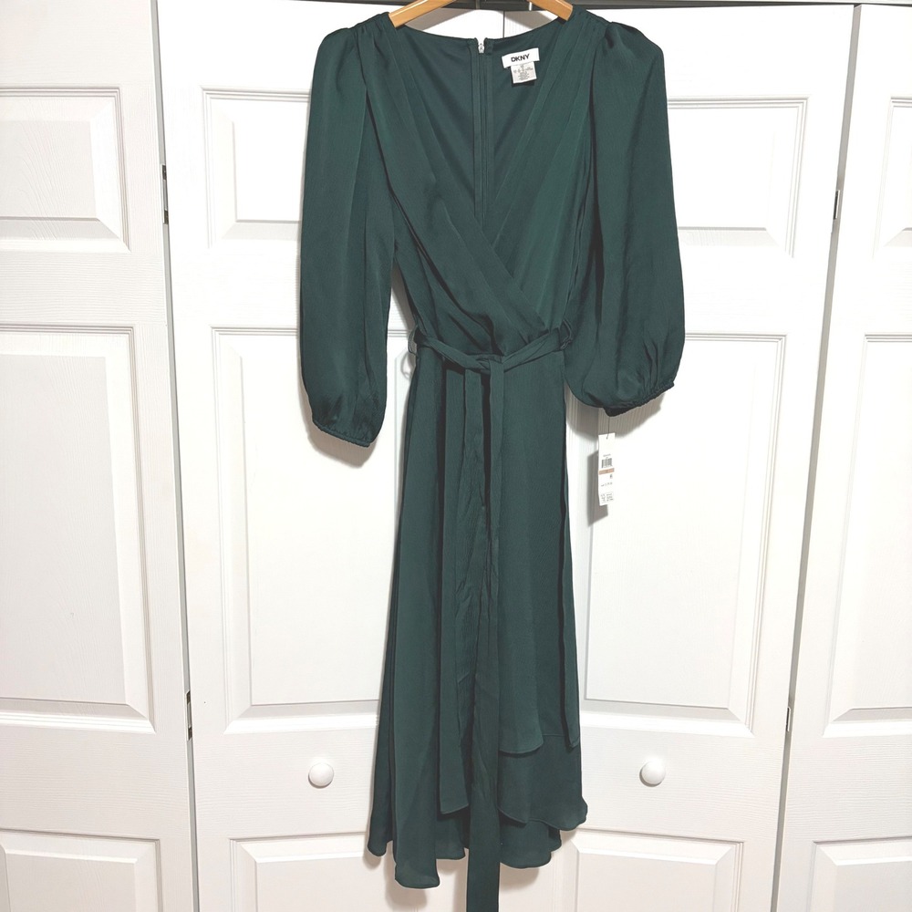 NWT DKNY Faux Wrap Midi Dress Women Size 12 Pine Green Fall Dark Girl Core